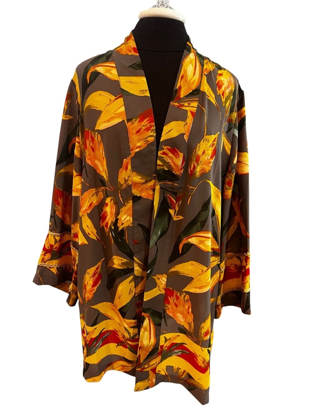 Chico’s Tropical Leaf Gold Kimono Large artsy indie festival